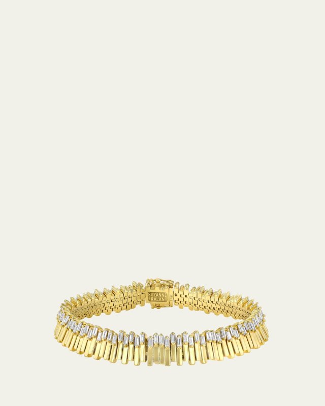 18K Yellow Gold Jagged Baguette Tennis Bracelet with White Diamonds